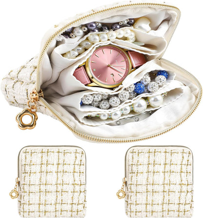 2 Pcs Jewelry Organizer Pouch, Travel Jewelry Pouch, Multi-layer Jewelry Travel Bag with Zipper, Portable Waterproof Leather Jewelries Bag for Rings, Necklaces, Earrings, Lipstick, Bracelets (Beige)