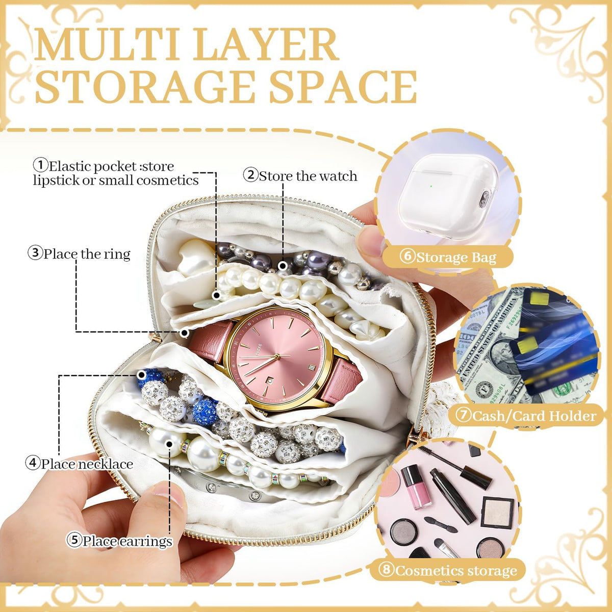 2 Pcs Jewelry Organizer Pouch, Travel Jewelry Pouch, Multi-layer Jewelry Travel Bag with Zipper, Portable Waterproof Leather Jewelries Bag for Rings, Necklaces, Earrings, Lipstick, Bracelets (Beige)