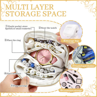 2 Pcs Jewelry Organizer Pouch, Travel Jewelry Pouch, Multi-layer Jewelry Travel Bag with Zipper, Portable Waterproof Leather Jewelries Bag for Rings, Necklaces, Earrings, Lipstick, Bracelets (Beige)
