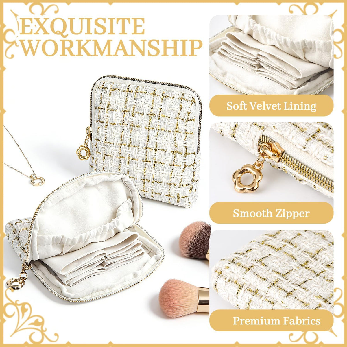 2 Pcs Jewelry Organizer Pouch, Travel Jewelry Pouch, Multi-layer Jewelry Travel Bag with Zipper, Portable Waterproof Leather Jewelries Bag for Rings, Necklaces, Earrings, Lipstick, Bracelets (Beige)