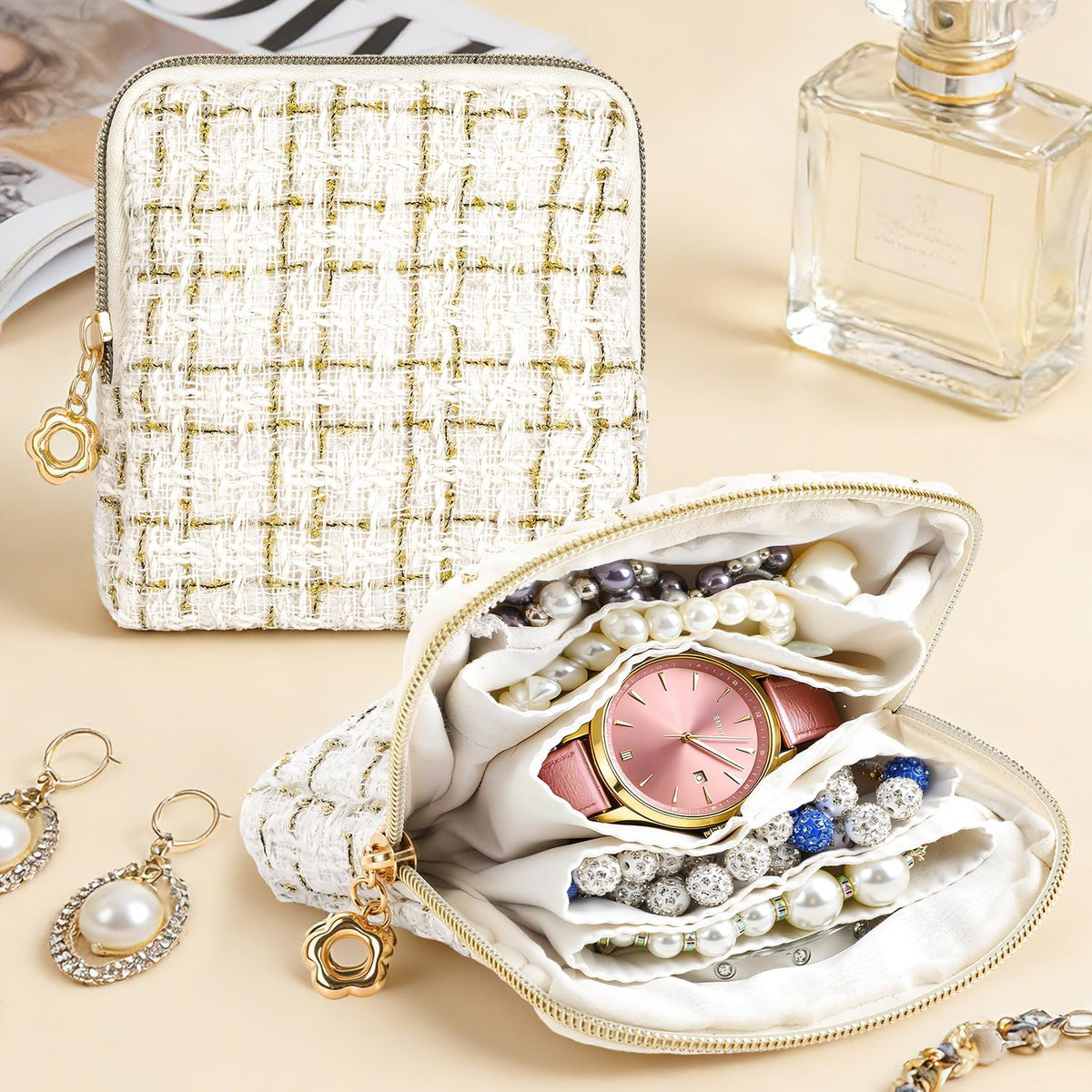 2 Pcs Jewelry Organizer Pouch, Travel Jewelry Pouch, Multi-layer Jewelry Travel Bag with Zipper, Portable Waterproof Leather Jewelries Bag for Rings, Necklaces, Earrings, Lipstick, Bracelets (Beige)