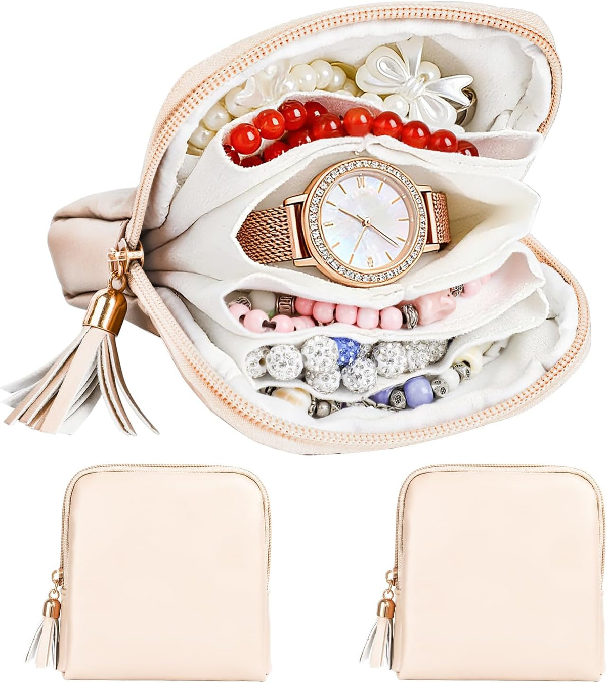 2 Pcs Jewelry Organizer Pouch, Travel Jewelry Pouch, Multi-layer Jewelry Travel Bag with Zipper, Portable Waterproof Leather Jewelries Bag for Rings, Necklaces, Earrings, Lipstick, Bracelets (Beige)