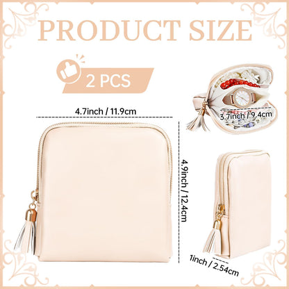 2 Pcs Jewelry Organizer Pouch, Travel Jewelry Pouch, Multi-layer Jewelry Travel Bag with Zipper, Portable Waterproof Leather Jewelries Bag for Rings, Necklaces, Earrings, Lipstick, Bracelets (Beige)