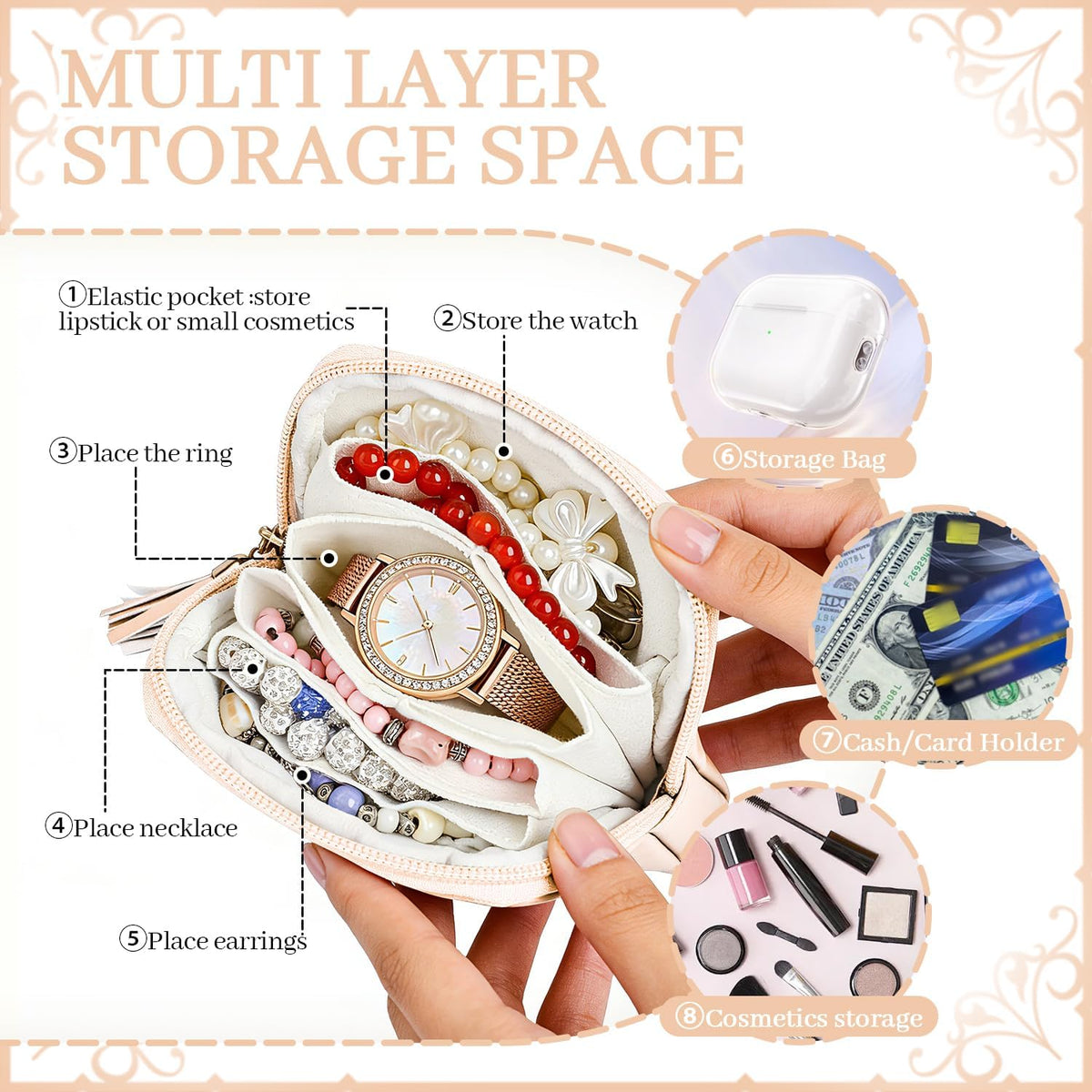 2 Pcs Jewelry Organizer Pouch, Travel Jewelry Pouch, Multi-layer Jewelry Travel Bag with Zipper, Portable Waterproof Leather Jewelries Bag for Rings, Necklaces, Earrings, Lipstick, Bracelets (Beige)