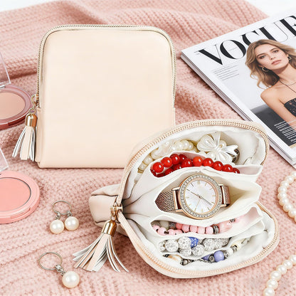 2 Pcs Jewelry Organizer Pouch, Travel Jewelry Pouch, Multi-layer Jewelry Travel Bag with Zipper, Portable Waterproof Leather Jewelries Bag for Rings, Necklaces, Earrings, Lipstick, Bracelets (Beige)