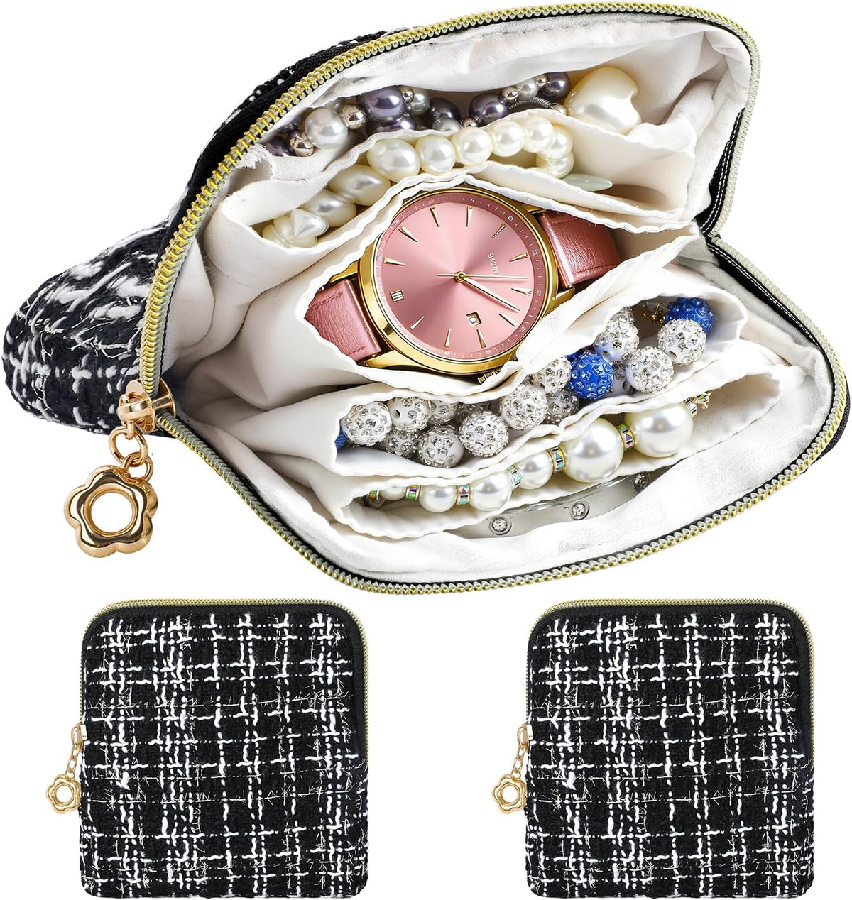 2 Pcs Jewelry Organizer Pouch, Travel Jewelry Pouch, Multi-layer Jewelry Travel Bag with Zipper, Portable Waterproof Leather Jewelries Bag for Rings, Necklaces, Earrings, Lipstick, Bracelets (Beige)