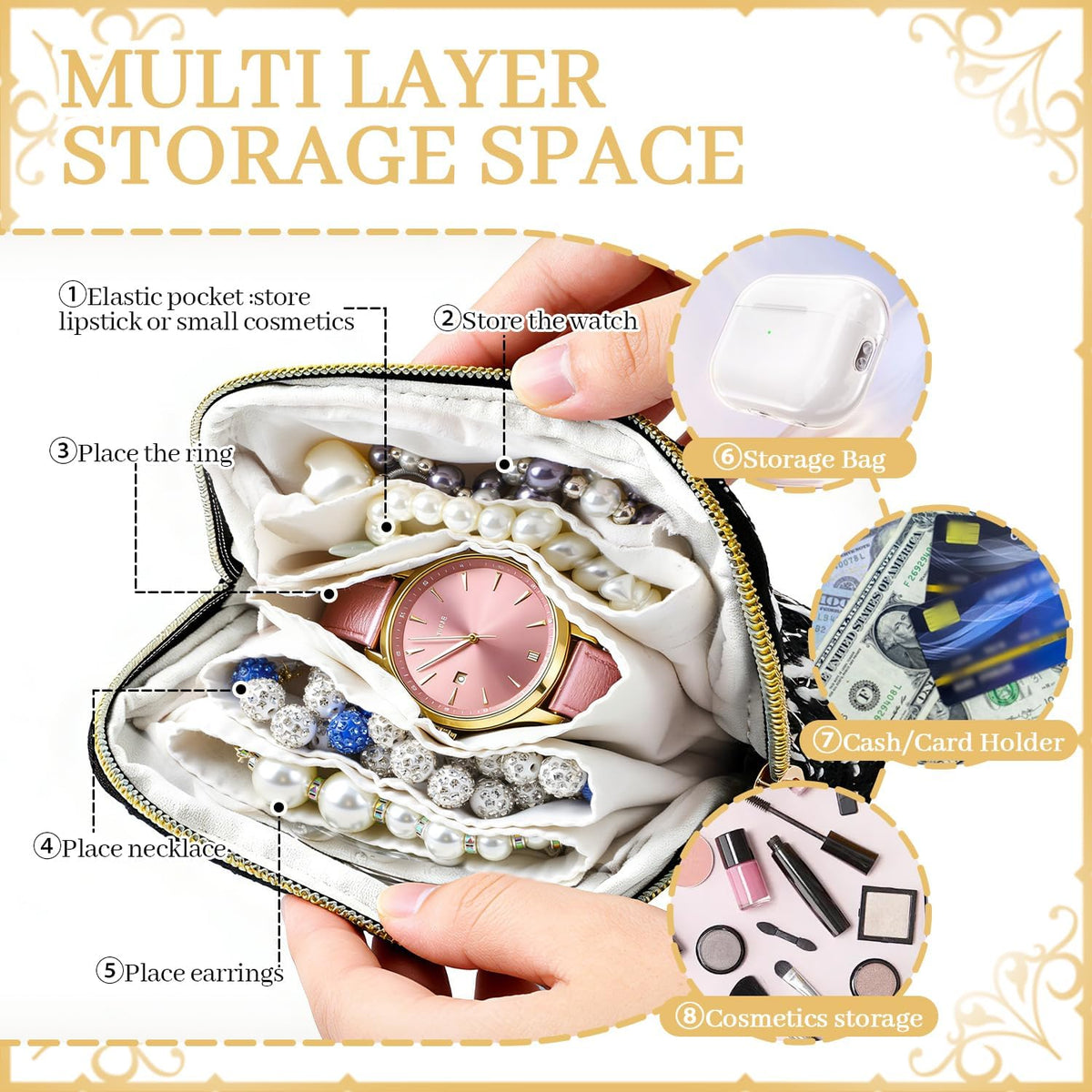 2 Pcs Jewelry Organizer Pouch, Travel Jewelry Pouch, Multi-layer Jewelry Travel Bag with Zipper, Portable Waterproof Leather Jewelries Bag for Rings, Necklaces, Earrings, Lipstick, Bracelets (Beige)