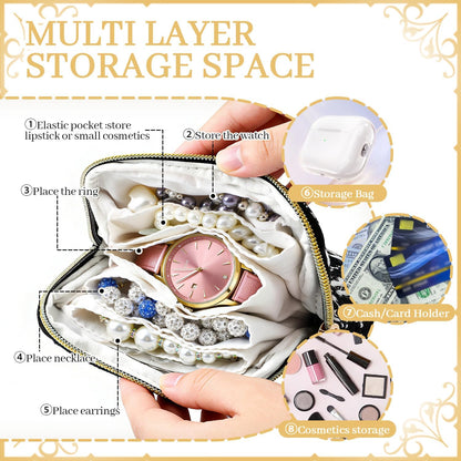 2 Pcs Jewelry Organizer Pouch, Travel Jewelry Pouch, Multi-layer Jewelry Travel Bag with Zipper, Portable Waterproof Leather Jewelries Bag for Rings, Necklaces, Earrings, Lipstick, Bracelets (Beige)