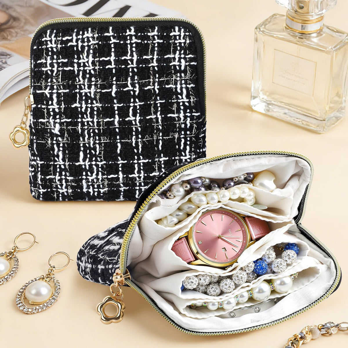 2 Pcs Jewelry Organizer Pouch, Travel Jewelry Pouch, Multi-layer Jewelry Travel Bag with Zipper, Portable Waterproof Leather Jewelries Bag for Rings, Necklaces, Earrings, Lipstick, Bracelets (Beige)