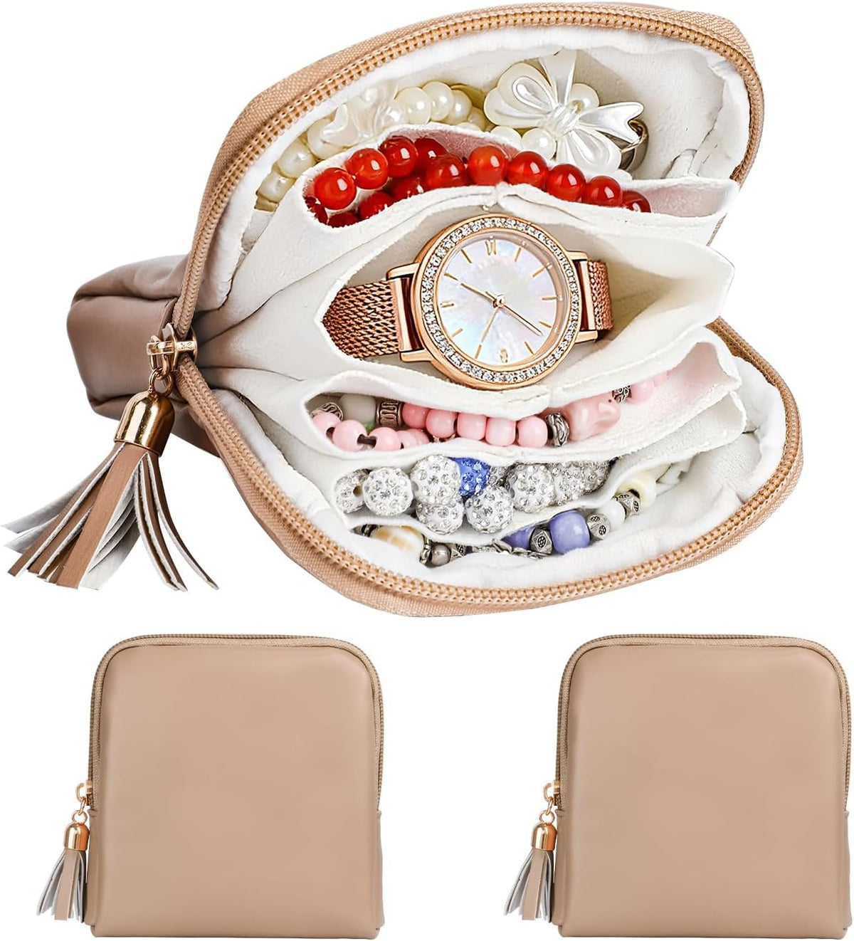 2 Pcs Jewelry Organizer Pouch, Travel Jewelry Pouch, Multi-layer Jewelry Travel Bag with Zipper, Portable Waterproof Leather Jewelries Bag for Rings, Necklaces, Earrings, Lipstick, Bracelets (Beige)