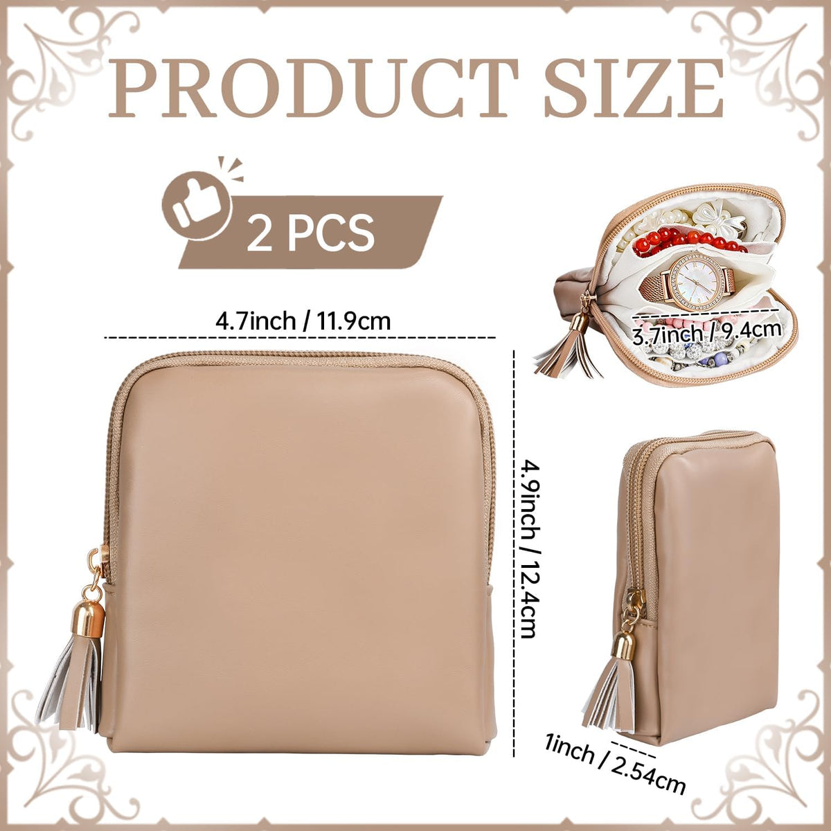 2 Pcs Jewelry Organizer Pouch, Travel Jewelry Pouch, Multi-layer Jewelry Travel Bag with Zipper, Portable Waterproof Leather Jewelries Bag for Rings, Necklaces, Earrings, Lipstick, Bracelets (Beige)