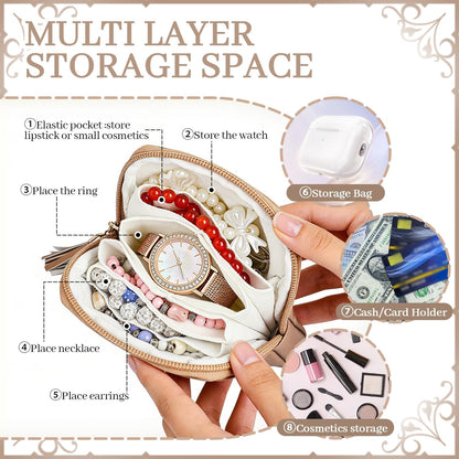 2 Pcs Jewelry Organizer Pouch, Travel Jewelry Pouch, Multi-layer Jewelry Travel Bag with Zipper, Portable Waterproof Leather Jewelries Bag for Rings, Necklaces, Earrings, Lipstick, Bracelets (Beige)