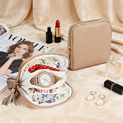 2 Pcs Jewelry Organizer Pouch, Travel Jewelry Pouch, Multi-layer Jewelry Travel Bag with Zipper, Portable Waterproof Leather Jewelries Bag for Rings, Necklaces, Earrings, Lipstick, Bracelets (Beige)