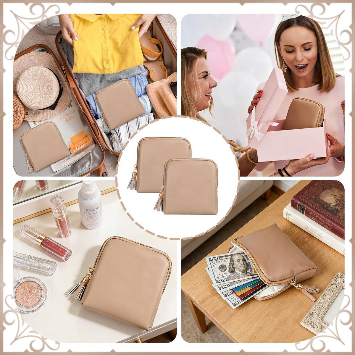 2 Pcs Jewelry Organizer Pouch, Travel Jewelry Pouch, Multi-layer Jewelry Travel Bag with Zipper, Portable Waterproof Leather Jewelries Bag for Rings, Necklaces, Earrings, Lipstick, Bracelets (Beige)