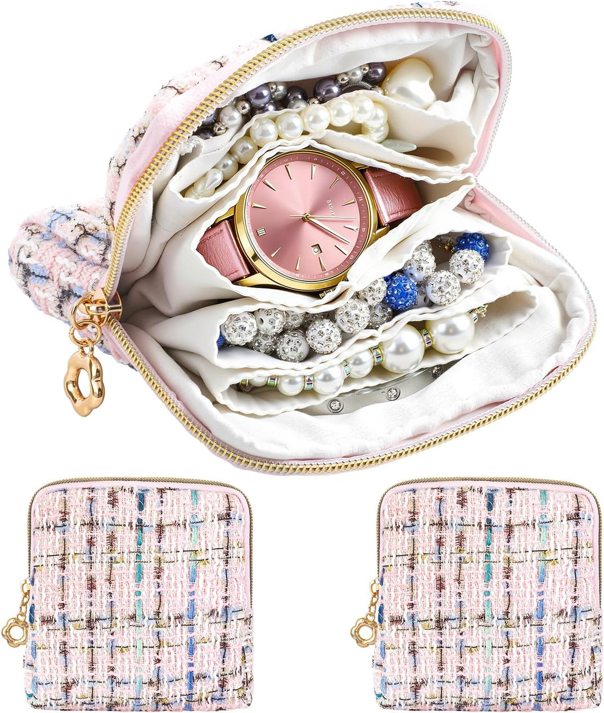 2 Pcs Jewelry Organizer Pouch, Travel Jewelry Pouch, Multi-layer Jewelry Travel Bag with Zipper, Portable Waterproof Leather Jewelries Bag for Rings, Necklaces, Earrings, Lipstick, Bracelets (Beige)