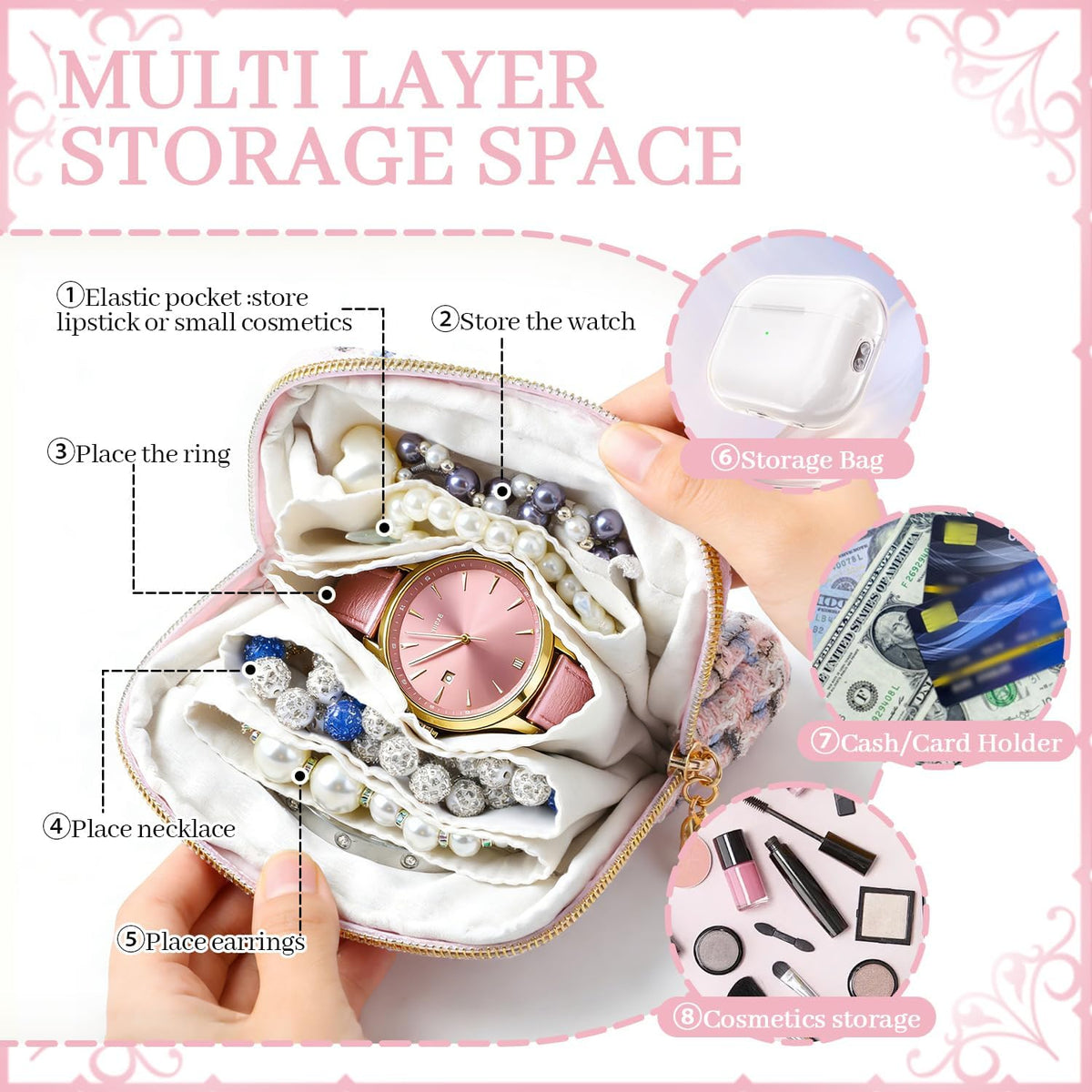 2 Pcs Jewelry Organizer Pouch, Travel Jewelry Pouch, Multi-layer Jewelry Travel Bag with Zipper, Portable Waterproof Leather Jewelries Bag for Rings, Necklaces, Earrings, Lipstick, Bracelets (Beige)
