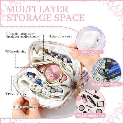 2 Pcs Jewelry Organizer Pouch, Travel Jewelry Pouch, Multi-layer Jewelry Travel Bag with Zipper, Portable Waterproof Leather Jewelries Bag for Rings, Necklaces, Earrings, Lipstick, Bracelets (Beige)