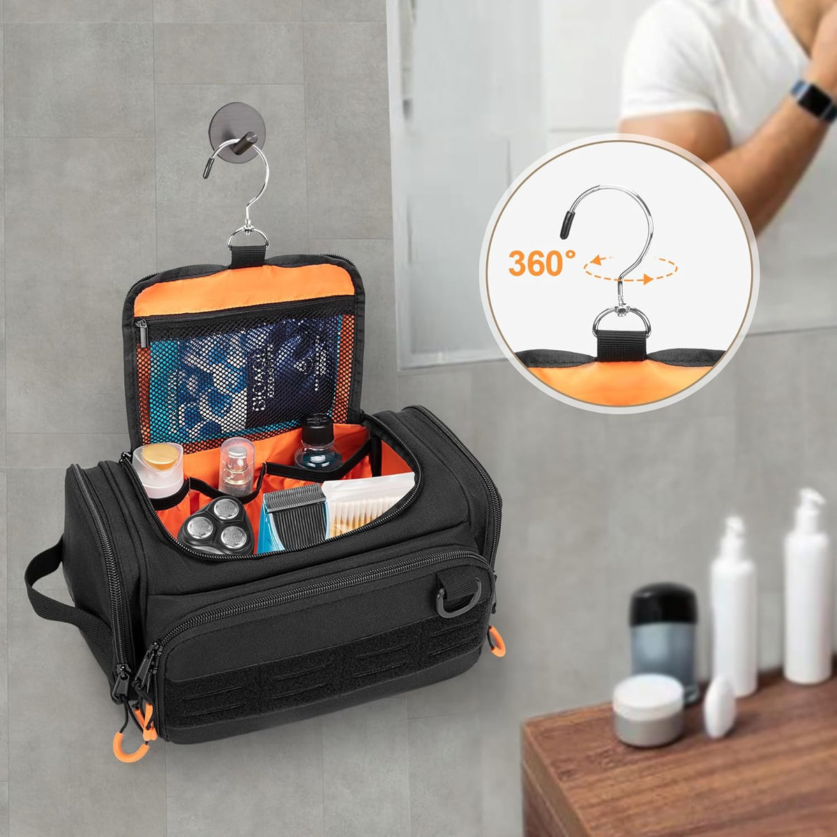 Tactical Toiletry Bag for Men, Hanging Hygiene Bag, Travel Dopp Kit | Mens Toiletry Bag with Hook, Dry & Wet Pockets, Travel Hygiene Organizer Bag for Shaving, Shower Essentials and Toiletries