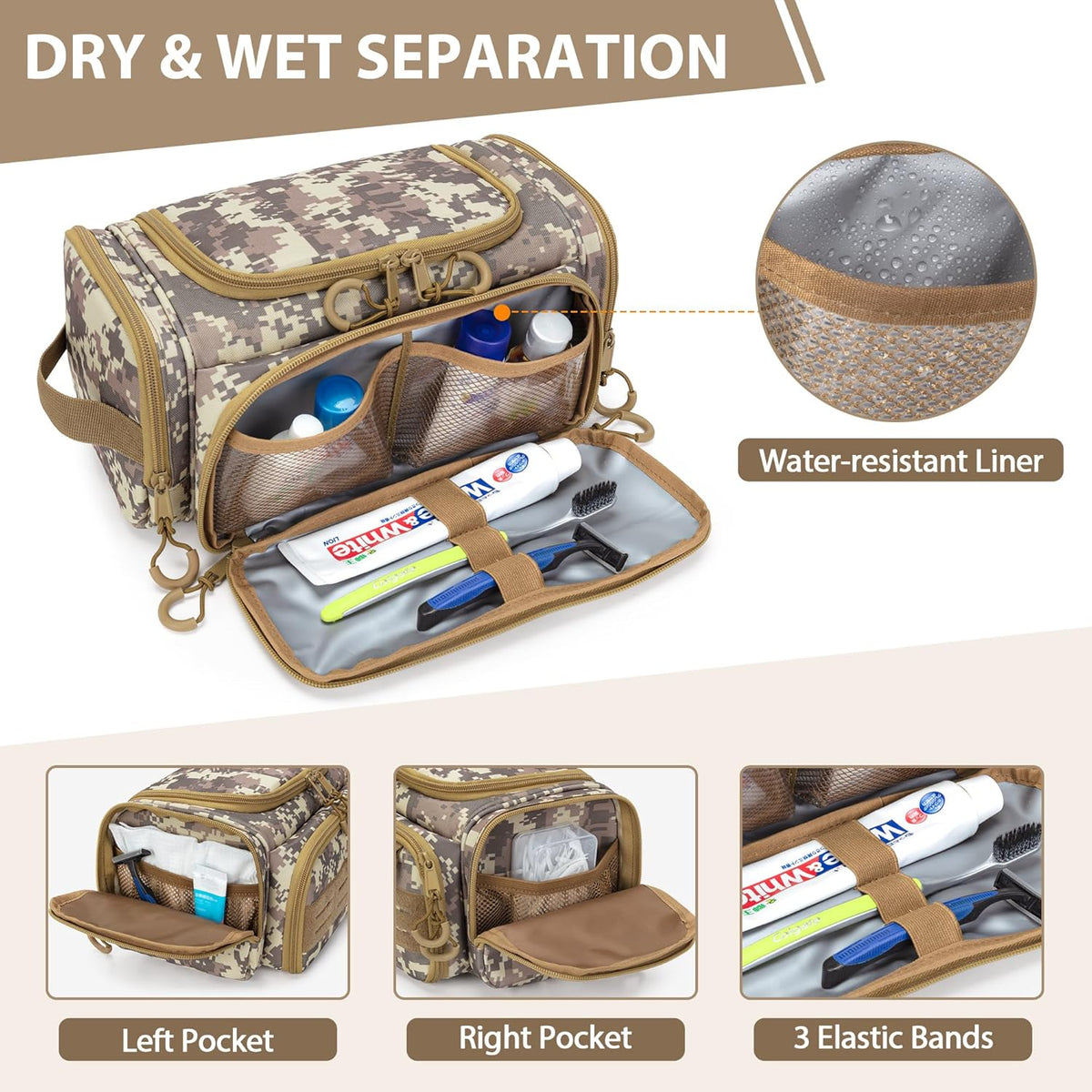 Tactical Toiletry Bag for Men, Hanging Hygiene Bag, Travel Dopp Kit | Mens Toiletry Bag with Hook, Dry & Wet Pockets, Travel Hygiene Organizer Bag for Shaving, Shower Essentials and Toiletries