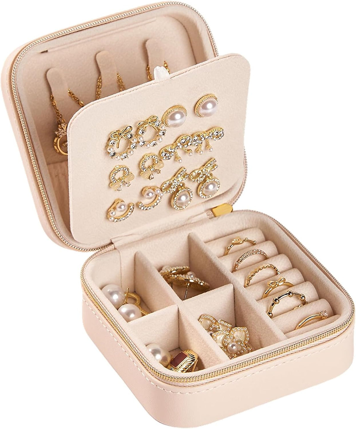 Travel Jewelry Box, PU Leather Organizer for Women Girls, Portable Case | Double Layer Structure with Earring Board, Ring Slots and Necklace Hooks, Keeps Accessories Neat for Trips and Daily Use