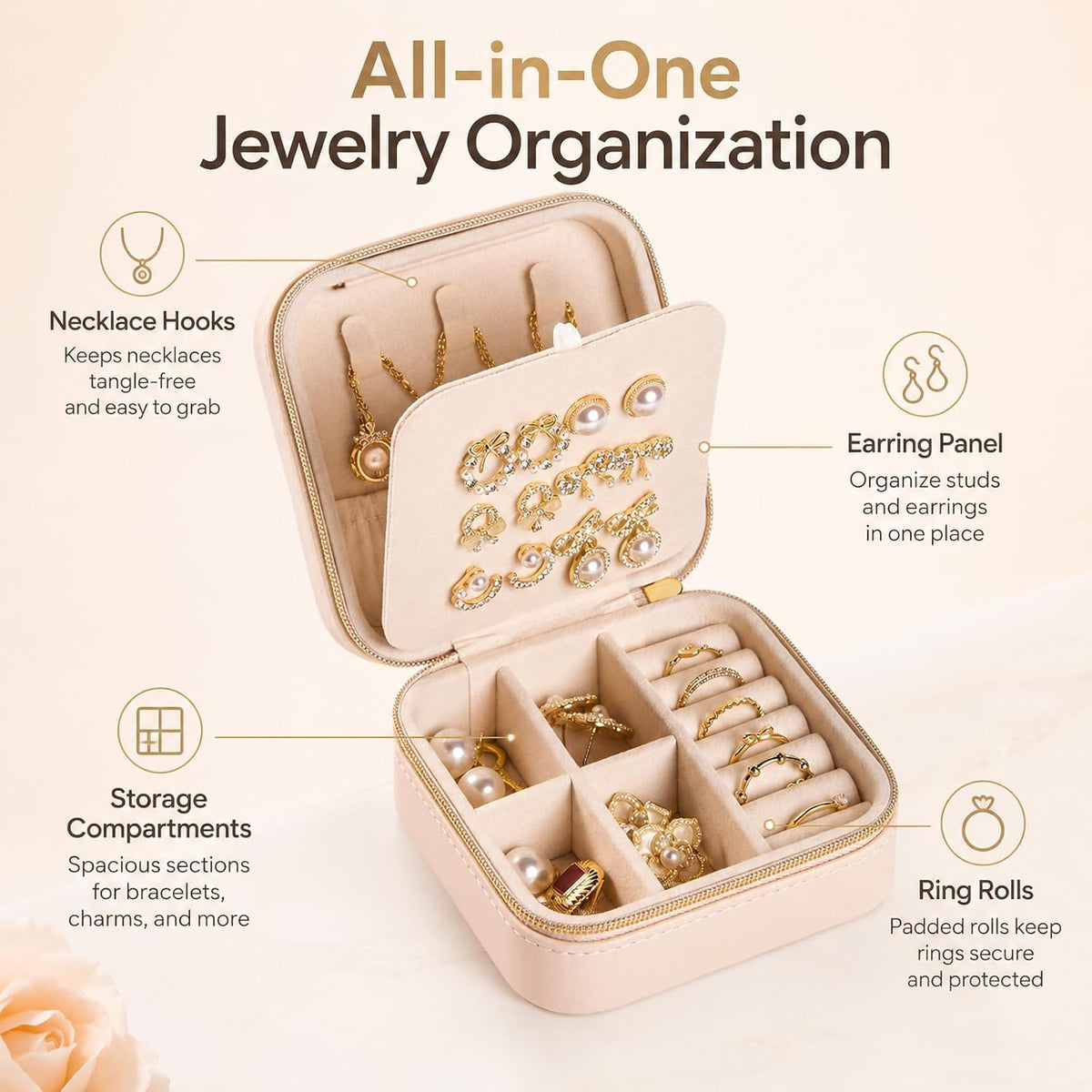 Travel Jewelry Box, PU Leather Organizer for Women Girls, Portable Case | Double Layer Structure with Earring Board, Ring Slots and Necklace Hooks, Keeps Accessories Neat for Trips and Daily Use