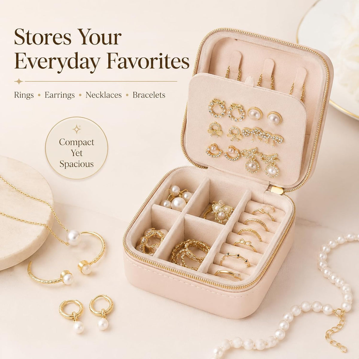 Travel Jewelry Box, PU Leather Organizer for Women Girls, Portable Case | Double Layer Structure with Earring Board, Ring Slots and Necklace Hooks, Keeps Accessories Neat for Trips and Daily Use