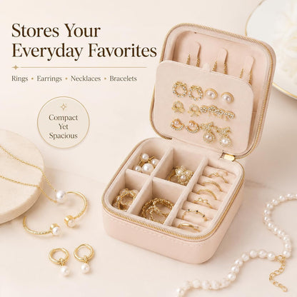 Travel Jewelry Box, PU Leather Organizer for Women Girls, Portable Case | Double Layer Structure with Earring Board, Ring Slots and Necklace Hooks, Keeps Accessories Neat for Trips and Daily Use