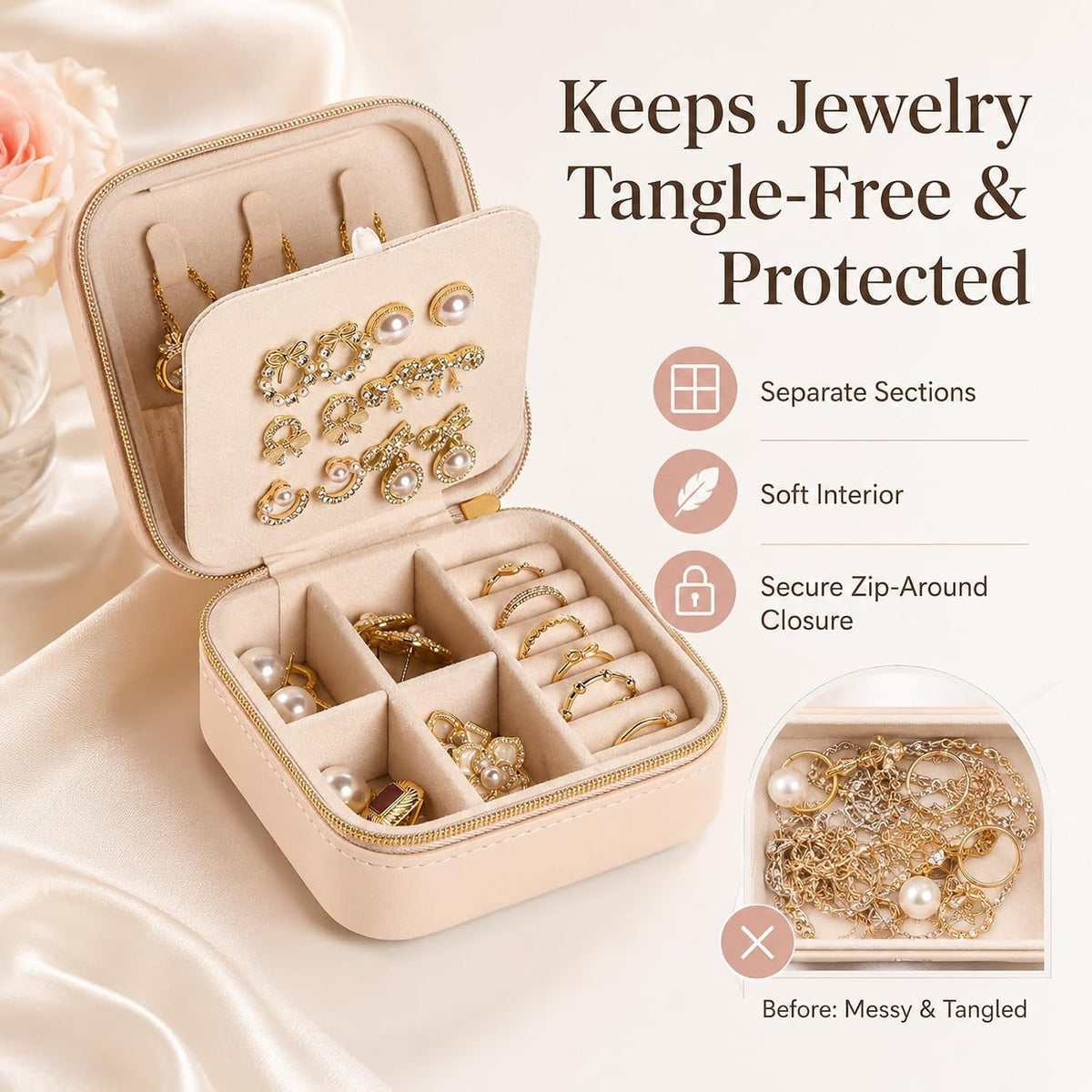 Travel Jewelry Box, PU Leather Organizer for Women Girls, Portable Case | Double Layer Structure with Earring Board, Ring Slots and Necklace Hooks, Keeps Accessories Neat for Trips and Daily Use