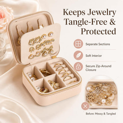 Travel Jewelry Box, PU Leather Organizer for Women Girls, Portable Case | Double Layer Structure with Earring Board, Ring Slots and Necklace Hooks, Keeps Accessories Neat for Trips and Daily Use