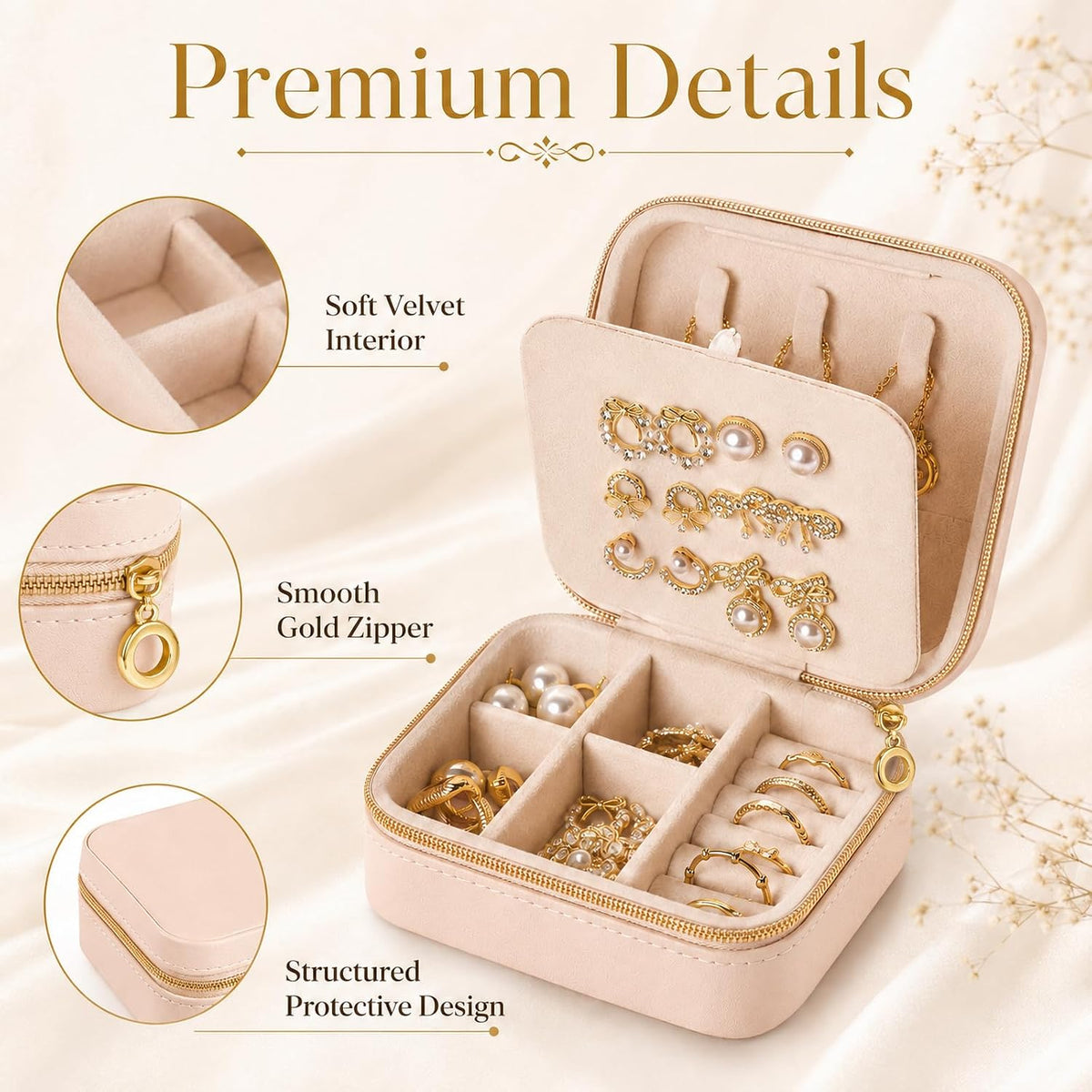 Travel Jewelry Box, PU Leather Organizer for Women Girls, Portable Case | Double Layer Structure with Earring Board, Ring Slots and Necklace Hooks, Keeps Accessories Neat for Trips and Daily Use