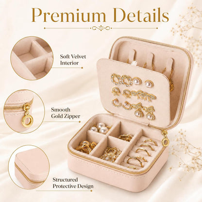 Travel Jewelry Box, PU Leather Organizer for Women Girls, Portable Case | Double Layer Structure with Earring Board, Ring Slots and Necklace Hooks, Keeps Accessories Neat for Trips and Daily Use