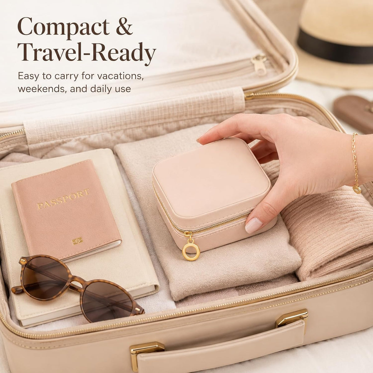 Travel Jewelry Box, PU Leather Organizer for Women Girls, Portable Case | Double Layer Structure with Earring Board, Ring Slots and Necklace Hooks, Keeps Accessories Neat for Trips and Daily Use