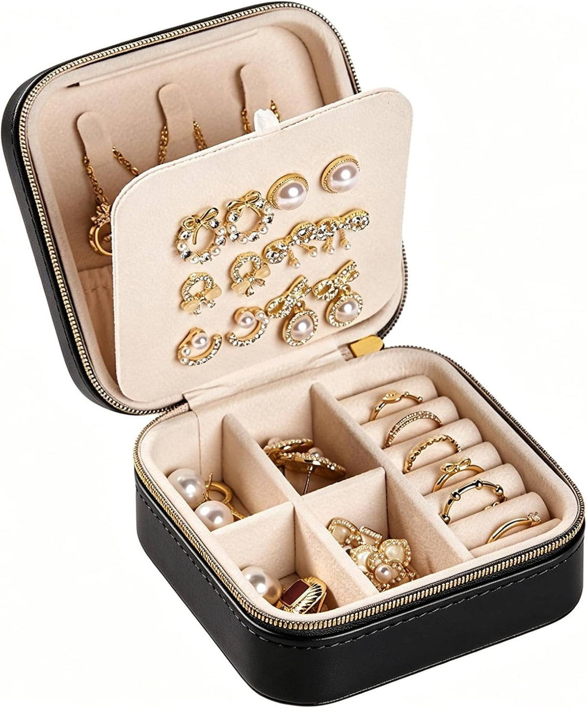 Travel Jewelry Box, PU Leather Organizer for Women Girls, Portable Case | Double Layer Structure with Earring Board, Ring Slots and Necklace Hooks, Keeps Accessories Neat for Trips and Daily Use