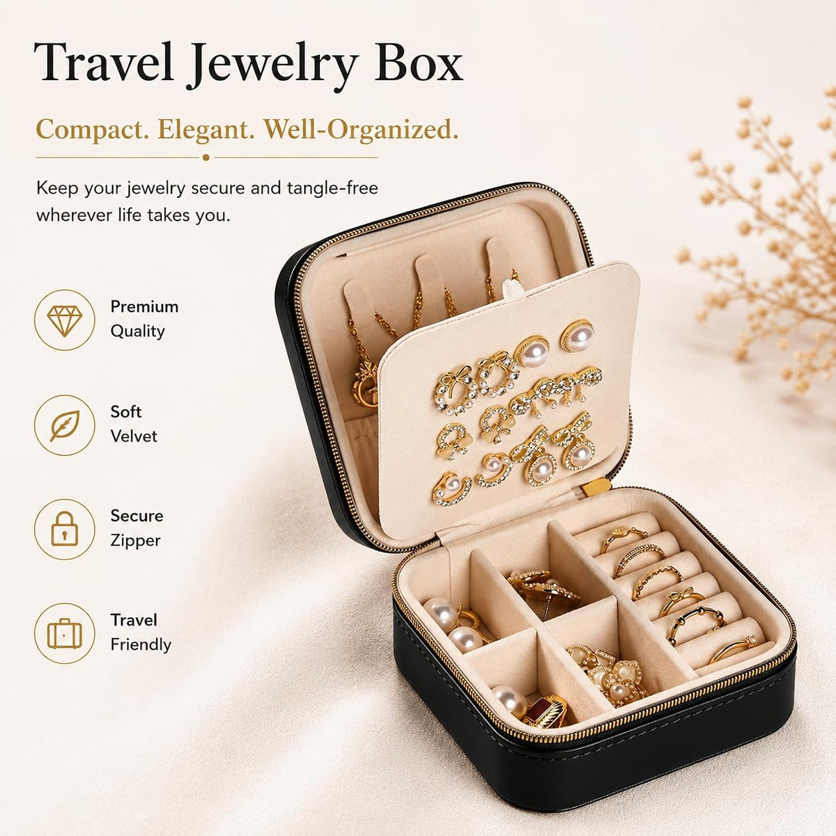 Travel Jewelry Box, PU Leather Organizer for Women Girls, Portable Case | Double Layer Structure with Earring Board, Ring Slots and Necklace Hooks, Keeps Accessories Neat for Trips and Daily Use