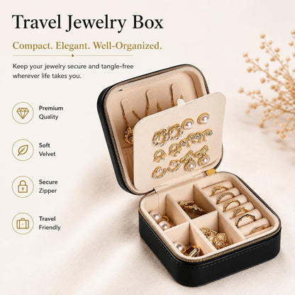 Travel Jewelry Box, PU Leather Organizer for Women Girls, Portable Case | Double Layer Structure with Earring Board, Ring Slots and Necklace Hooks, Keeps Accessories Neat for Trips and Daily Use
