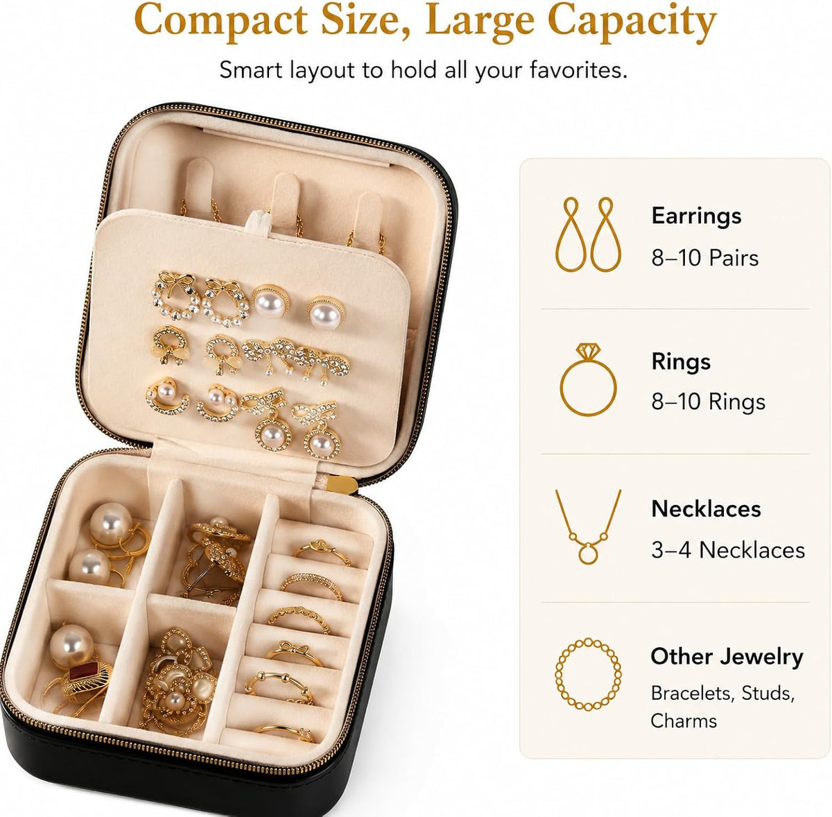 Travel Jewelry Box, PU Leather Organizer for Women Girls, Portable Case | Double Layer Structure with Earring Board, Ring Slots and Necklace Hooks, Keeps Accessories Neat for Trips and Daily Use
