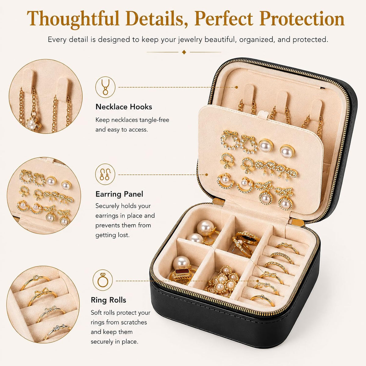 Travel Jewelry Box, PU Leather Organizer for Women Girls, Portable Case | Double Layer Structure with Earring Board, Ring Slots and Necklace Hooks, Keeps Accessories Neat for Trips and Daily Use