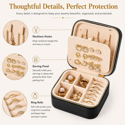 Travel Jewelry Box, PU Leather Organizer for Women Girls, Portable Case | Double Layer Structure with Earring Board, Ring Slots and Necklace Hooks, Keeps Accessories Neat for Trips and Daily Use