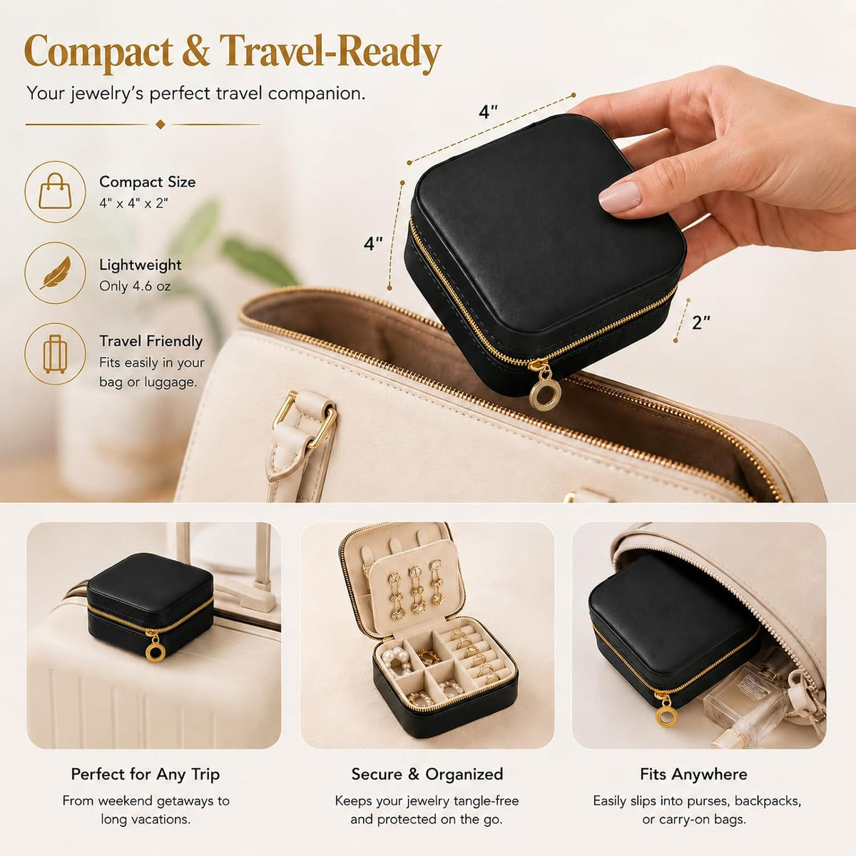 Travel Jewelry Box, PU Leather Organizer for Women Girls, Portable Case | Double Layer Structure with Earring Board, Ring Slots and Necklace Hooks, Keeps Accessories Neat for Trips and Daily Use