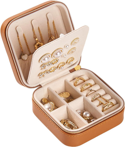 Travel Jewelry Box, PU Leather Organizer for Women Girls, Portable Case | Double Layer Structure with Earring Board, Ring Slots and Necklace Hooks, Keeps Accessories Neat for Trips and Daily Use