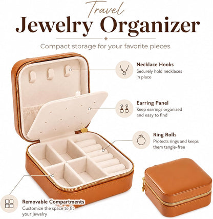 Travel Jewelry Box, PU Leather Organizer for Women Girls, Portable Case | Double Layer Structure with Earring Board, Ring Slots and Necklace Hooks, Keeps Accessories Neat for Trips and Daily Use