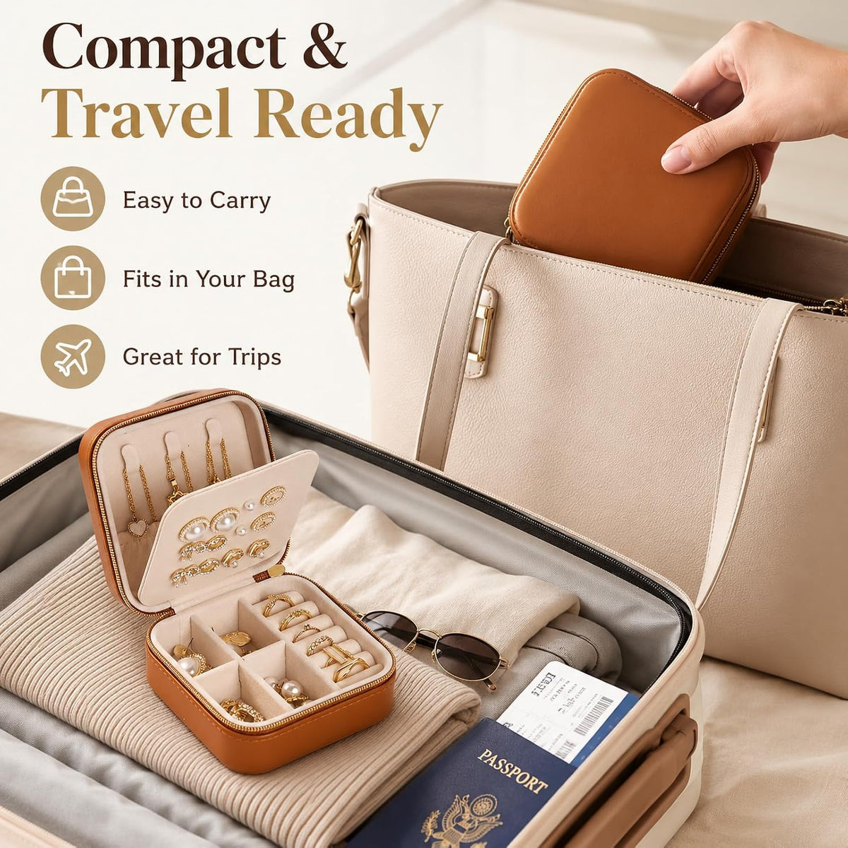 Travel Jewelry Box, PU Leather Organizer for Women Girls, Portable Case | Double Layer Structure with Earring Board, Ring Slots and Necklace Hooks, Keeps Accessories Neat for Trips and Daily Use