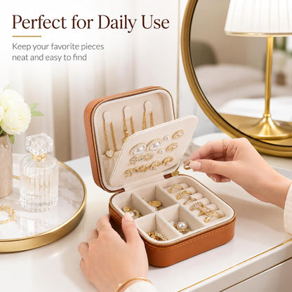 Travel Jewelry Box, PU Leather Organizer for Women Girls, Portable Case | Double Layer Structure with Earring Board, Ring Slots and Necklace Hooks, Keeps Accessories Neat for Trips and Daily Use