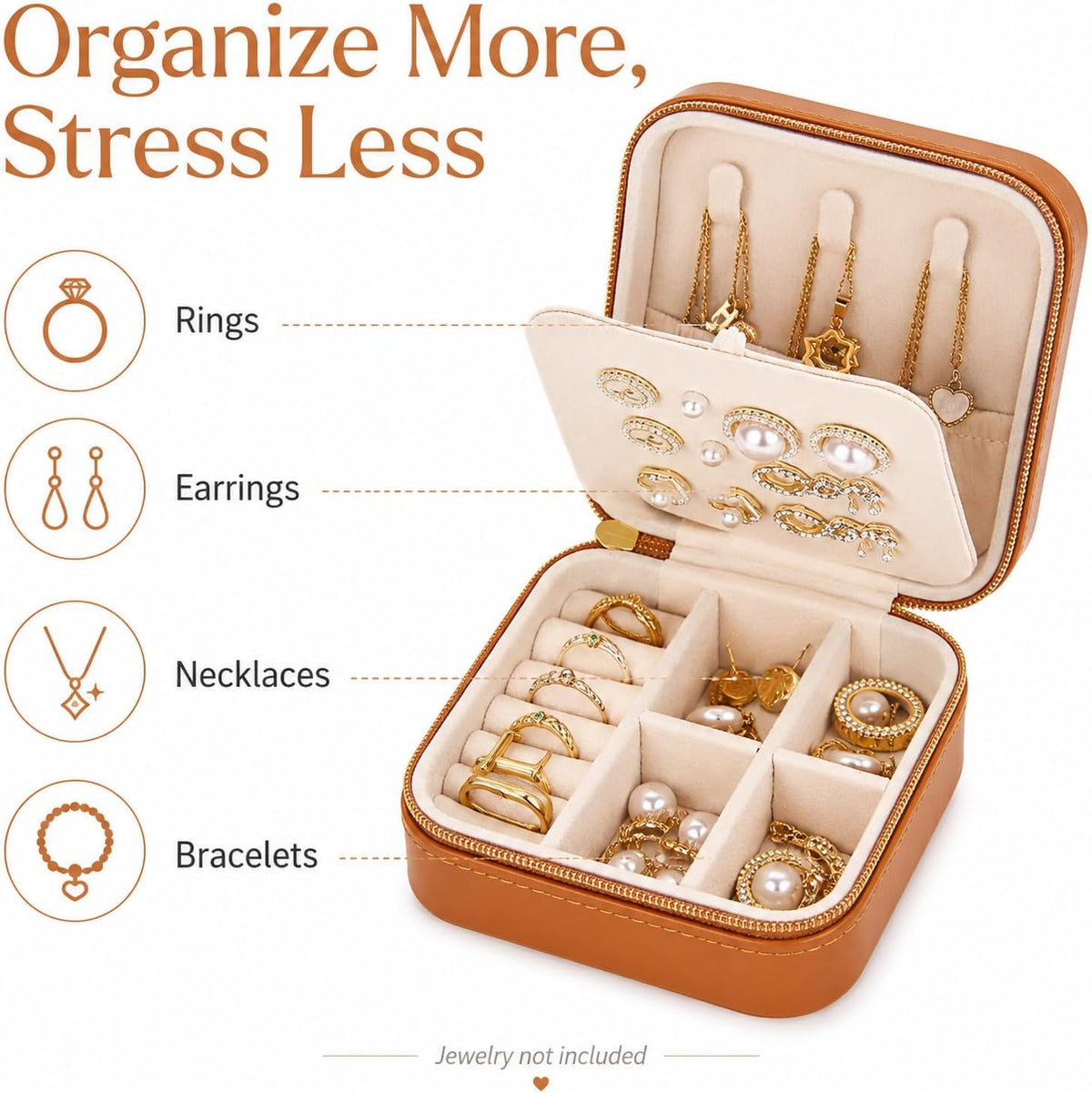 Travel Jewelry Box, PU Leather Organizer for Women Girls, Portable Case | Double Layer Structure with Earring Board, Ring Slots and Necklace Hooks, Keeps Accessories Neat for Trips and Daily Use