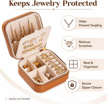 Travel Jewelry Box, PU Leather Organizer for Women Girls, Portable Case | Double Layer Structure with Earring Board, Ring Slots and Necklace Hooks, Keeps Accessories Neat for Trips and Daily Use