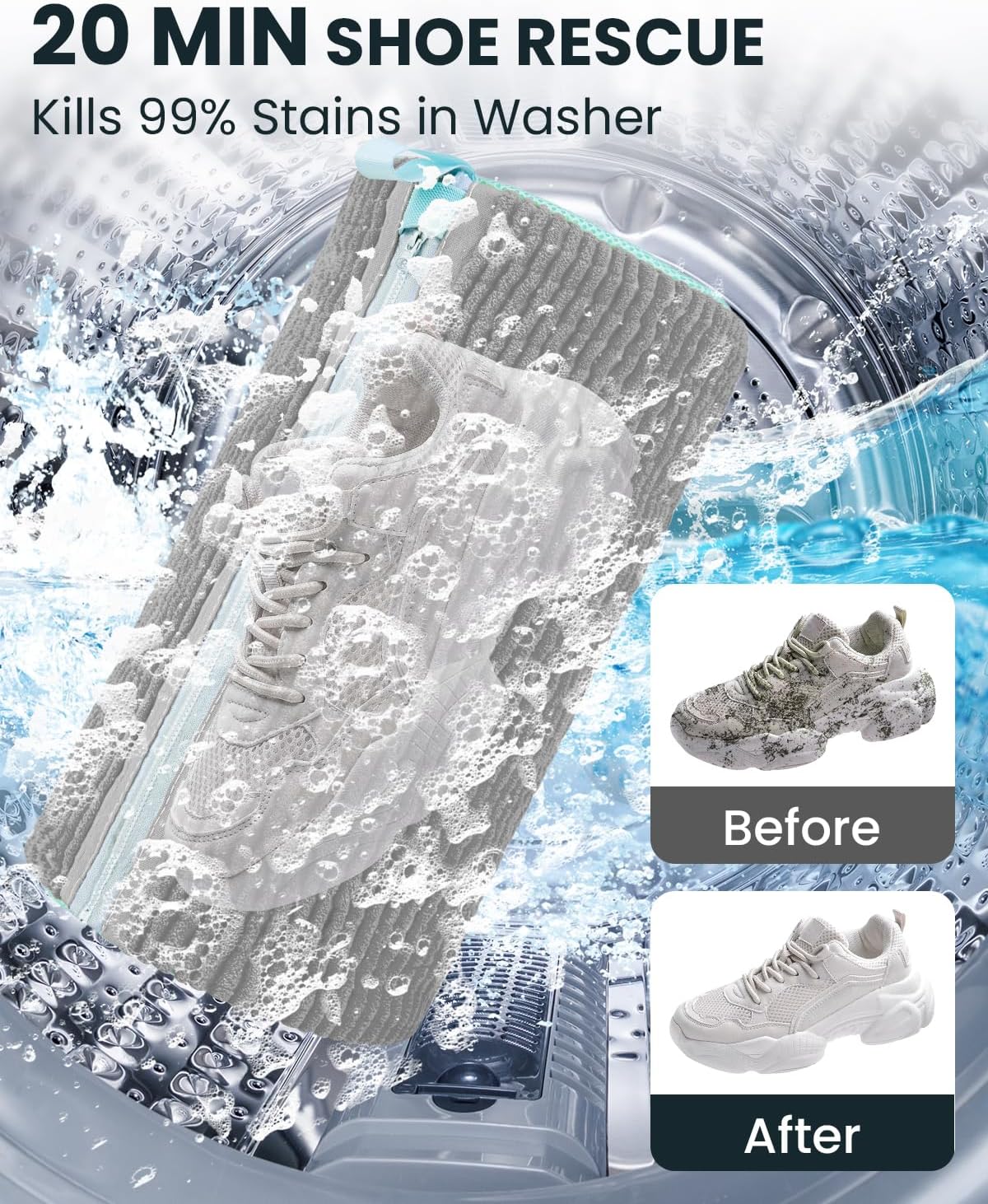 Shoe Washing Machine Bag: 2 Pack Reusable Shoes Cleaning Bags, Heavy Duty Shoe Laundry Bag for Washer & Dryer, 360° Deep Clean for Sneakers Tennis Shoes