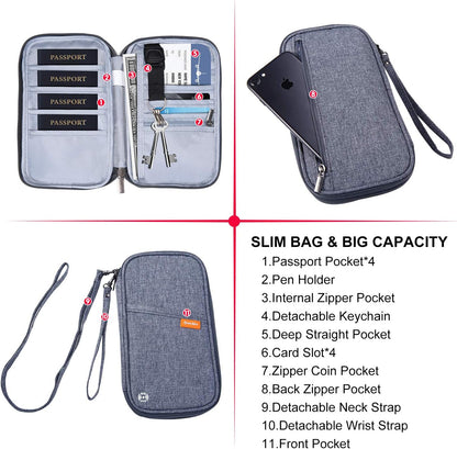 RFID Family Passport Wallet Holder Waterproof, Travel Document Organizer Credit Card Clutch Bag for Men Women (RFID Leaf)