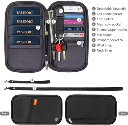 RFID Family Passport Wallet Holder Waterproof, Travel Document Organizer Credit Card Clutch Bag for Men Women (RFID Leaf)