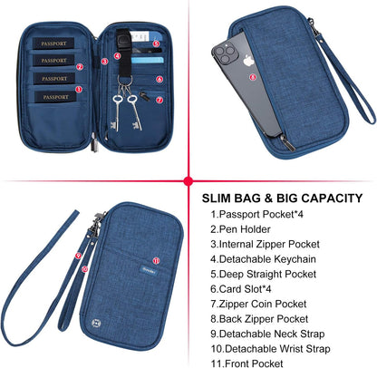 RFID Family Passport Wallet Holder Waterproof, Travel Document Organizer Credit Card Clutch Bag for Men Women (RFID Leaf)