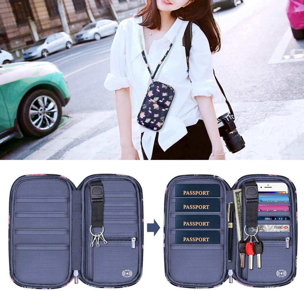 RFID Family Passport Wallet Holder Waterproof, Travel Document Organizer Credit Card Clutch Bag for Men Women (RFID Leaf)